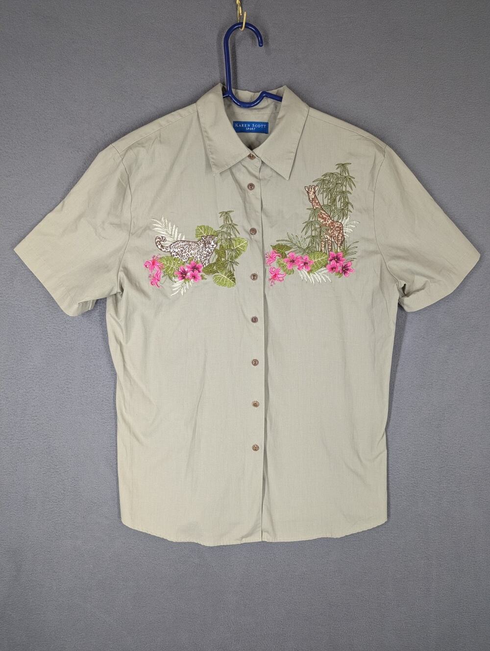 Karen Scott Shirt Womens Medium Safari Embroidered Khaki Button Up Vintage
